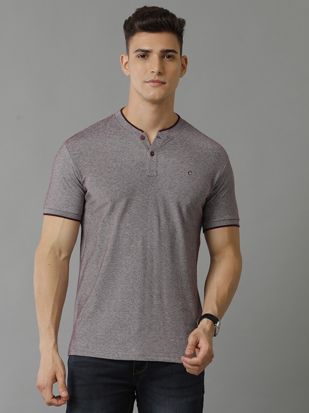 

CAVALLO by Linen Club Men Mandarin Collar T-shirt, Purple