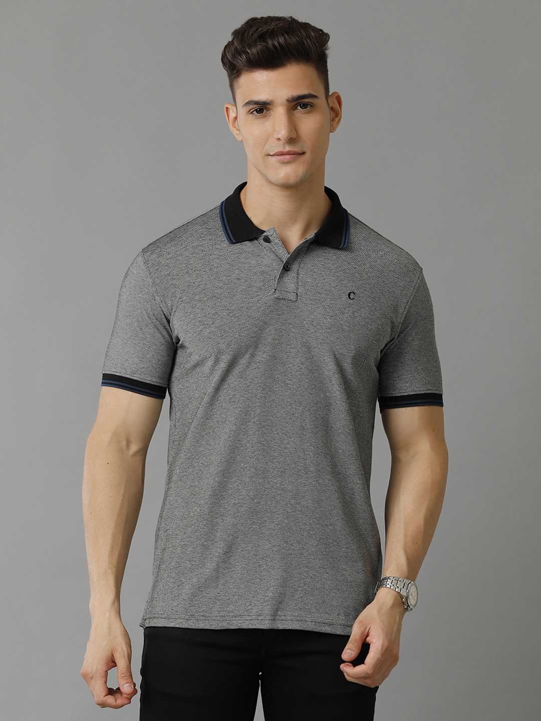 

CAVALLO by Linen Club Men Polo Collar T-shirt, Grey