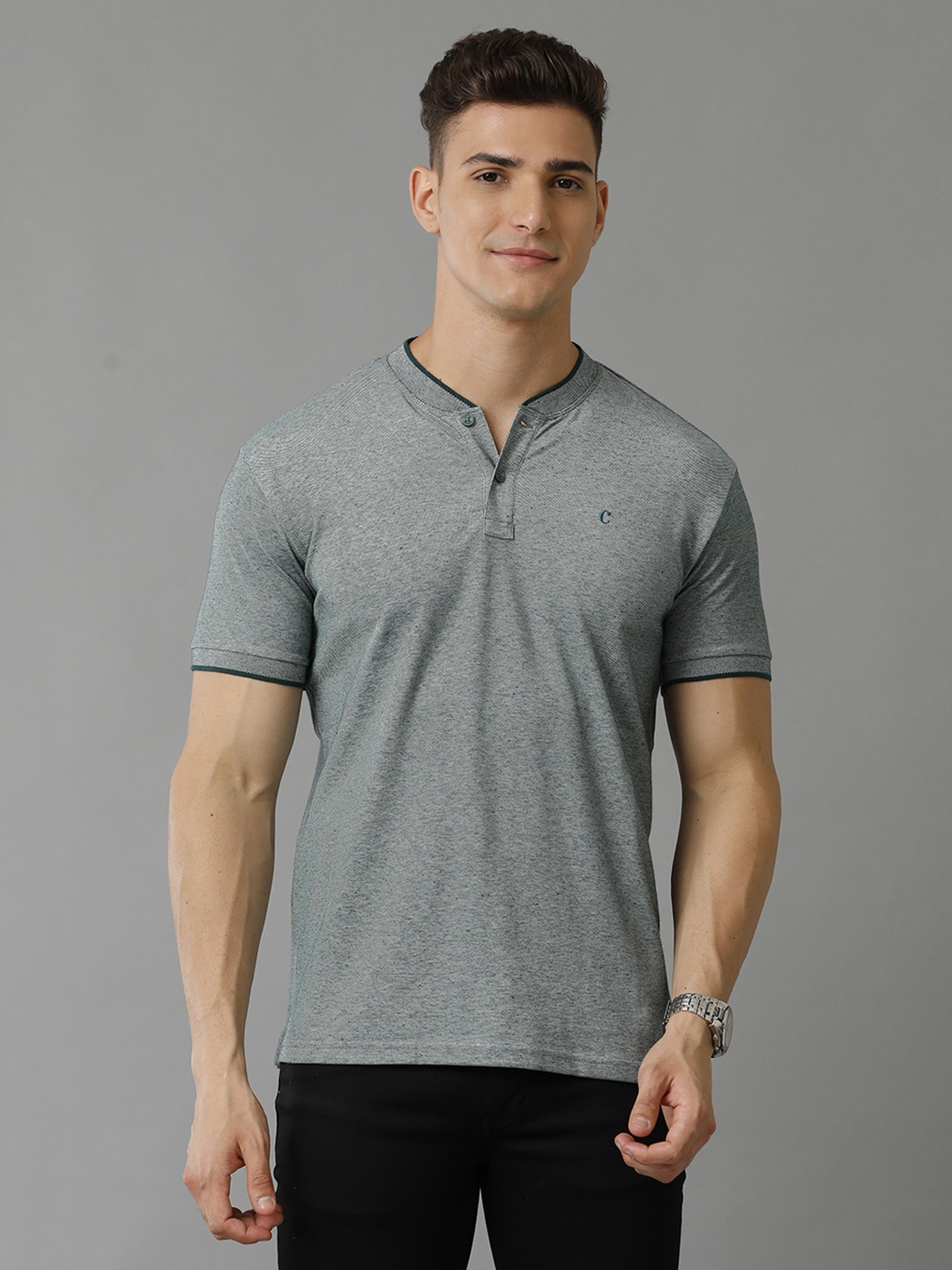 

CAVALLO by Linen Club Men Mandarin Collar T-shirt, Green