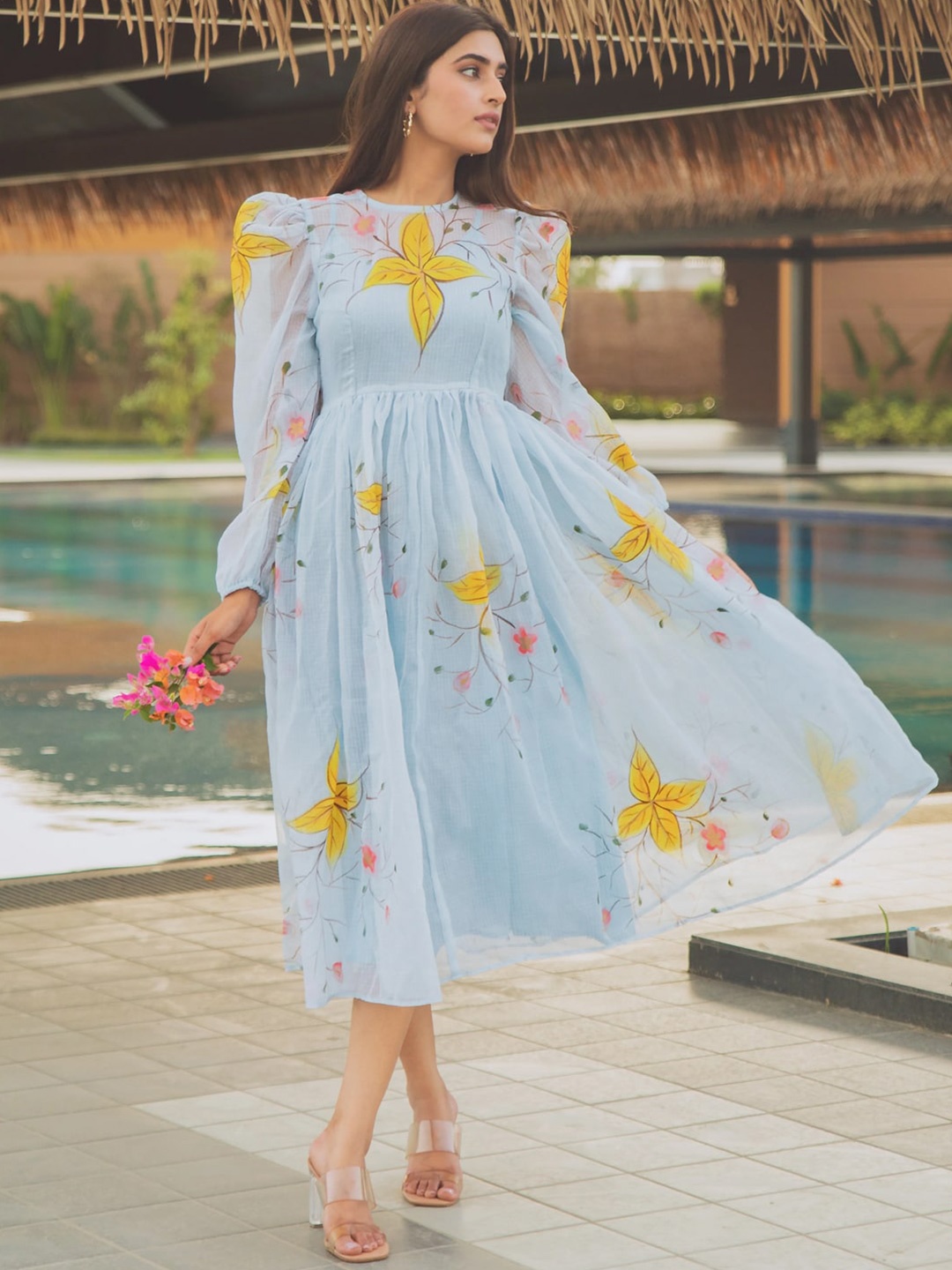 

Ambraee Floral Printed Empire Midi Dress, Blue