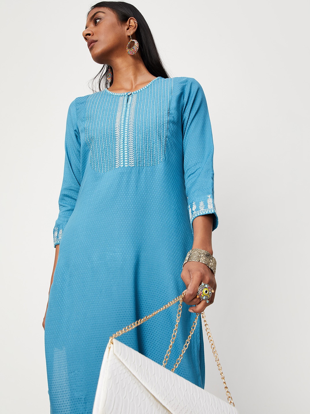 

max Keyhole Neck Thread Work A-Line Kurta, Blue