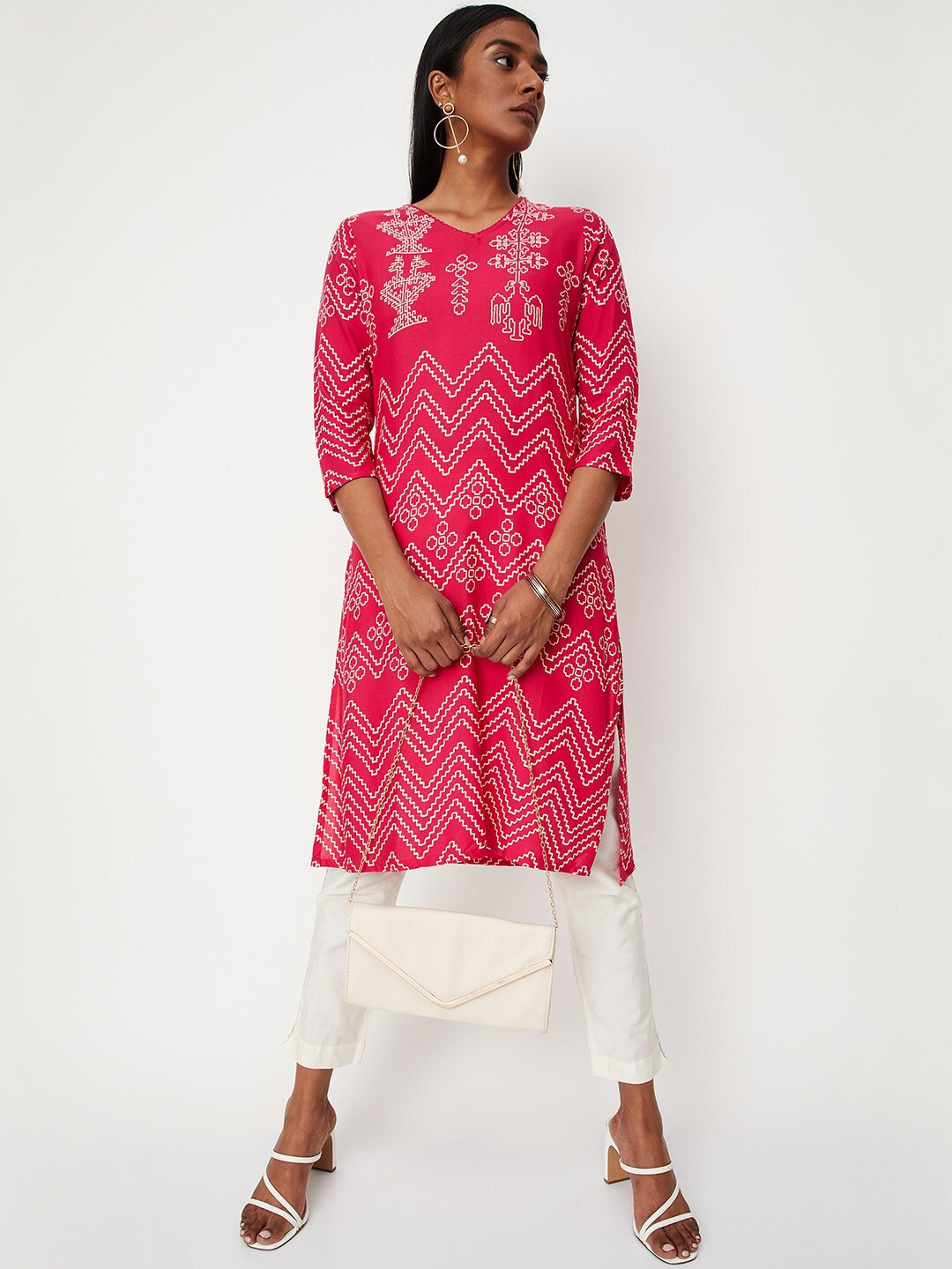

max Geometric Printed A-Line Kurta, Pink