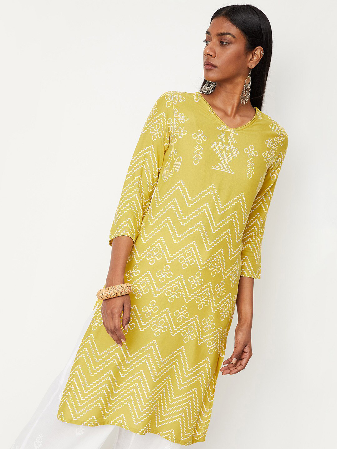 

max Geometric Printed A-Line Kurta, Yellow