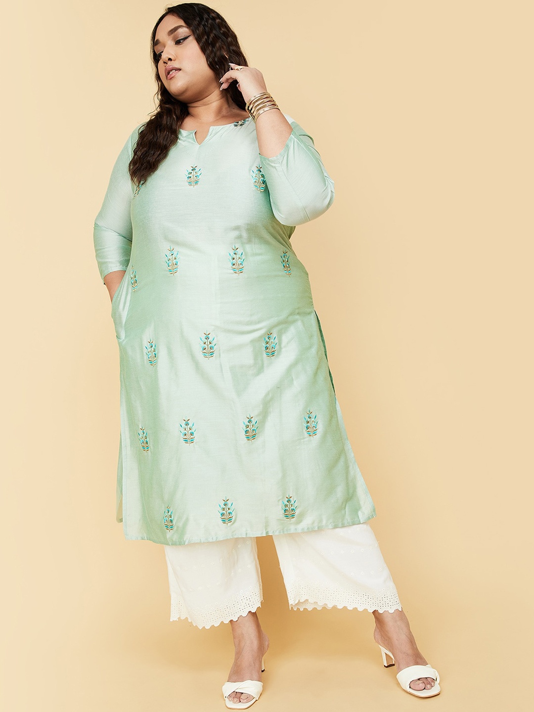 

max Ethnic Motifs Embroidered A-Line Kurta, Blue