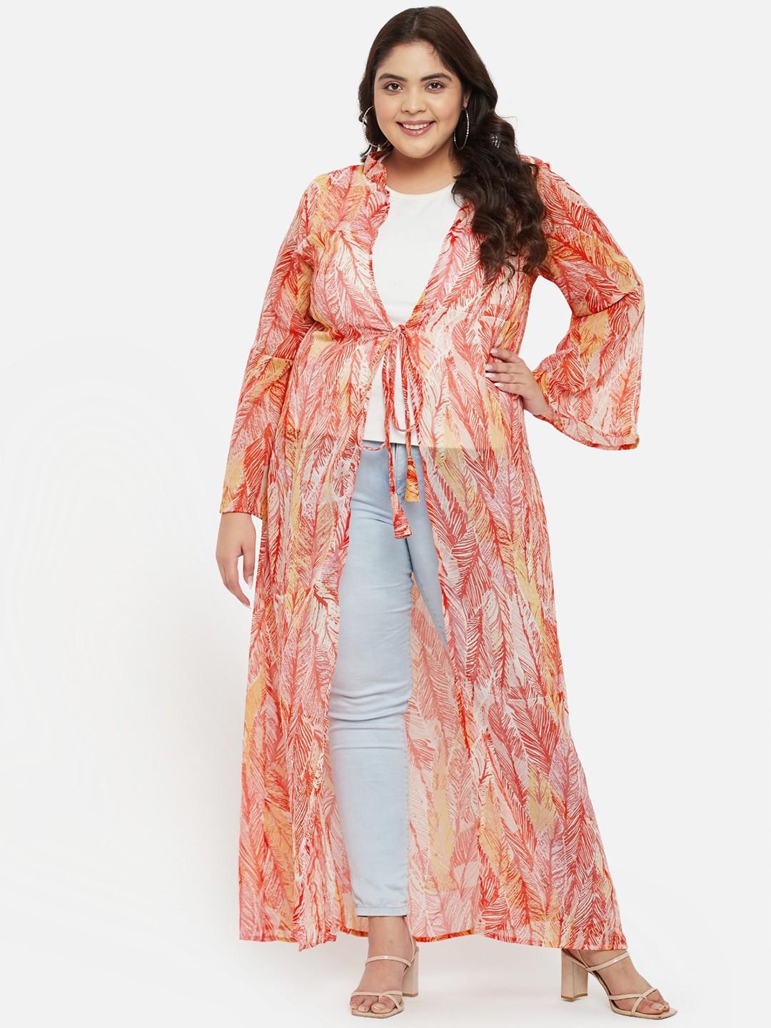 

wild U Women Plus Size Printed Longline Tie-Up Shrug, Red