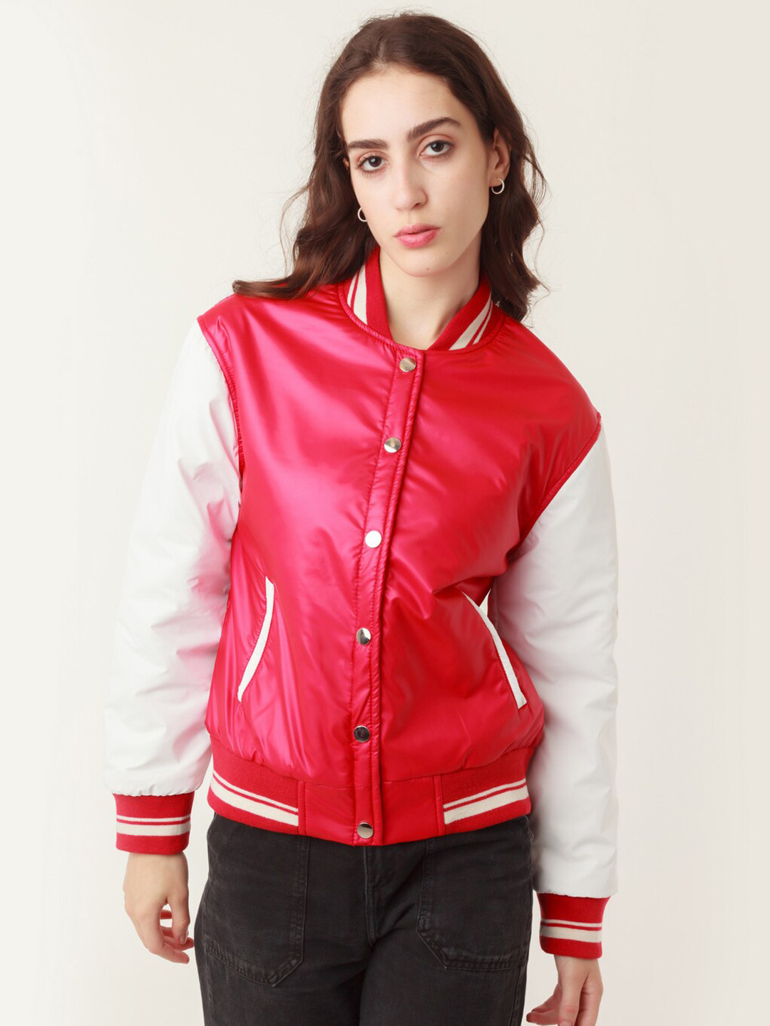 

zink Z Women Colourblocked Varsity Jacket, Red