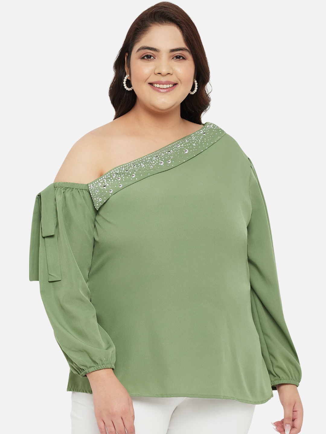 

wild U Plus Size One Shoulder Studded Crepe Top, Green