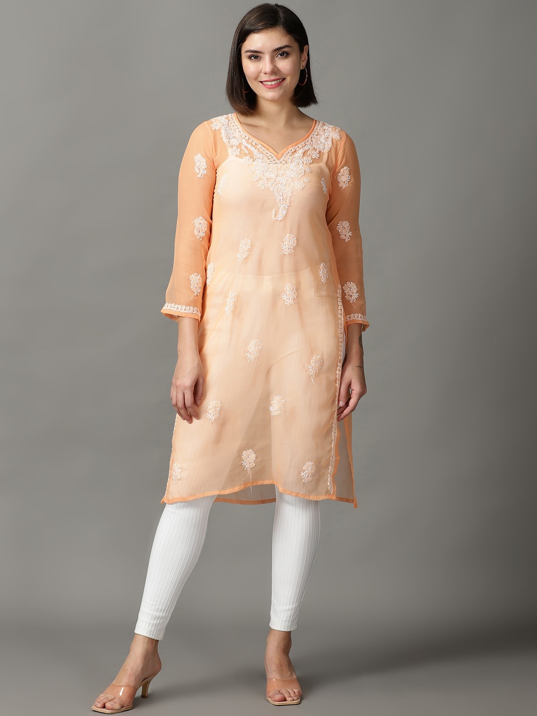 

DIVINATION Ethnic Motifs Embroidered Chikankari Georgette Kurta, Orange