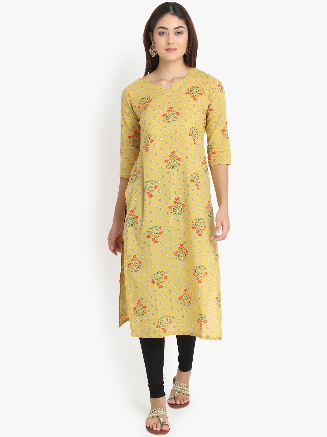

DIVINATION Floral Printed Thread Work Kurta, Yellow