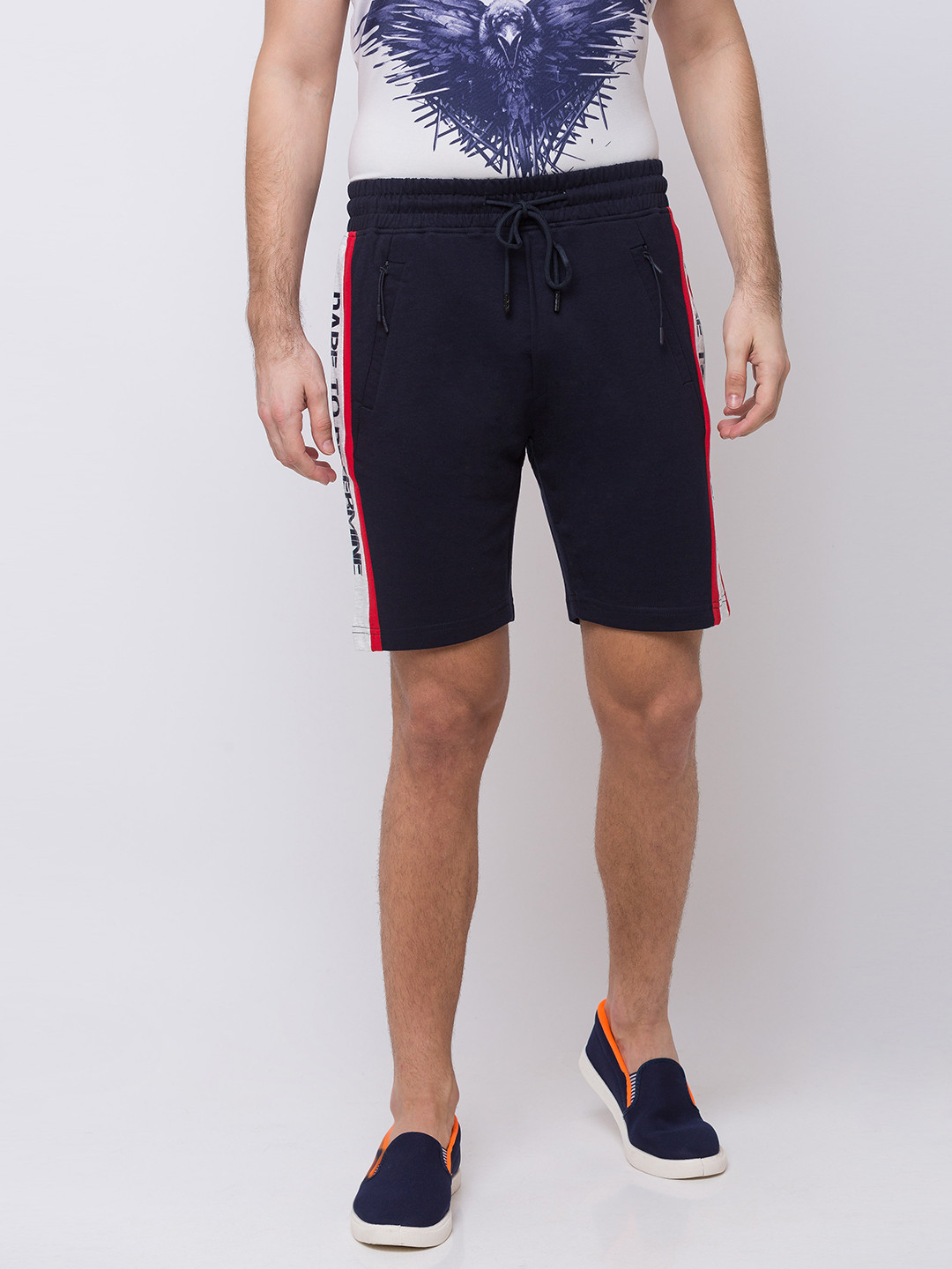 

Status Quo Men Side Panel Printed Cotton Shorts, Navy blue