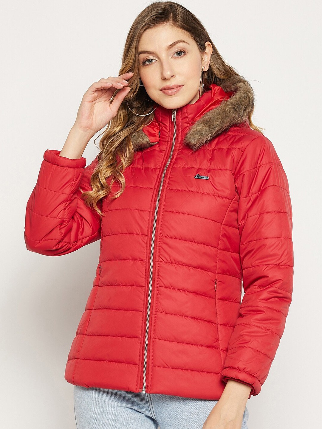 

Duke Women Hooded Padded Jacket With Faux Fur Trim, Red