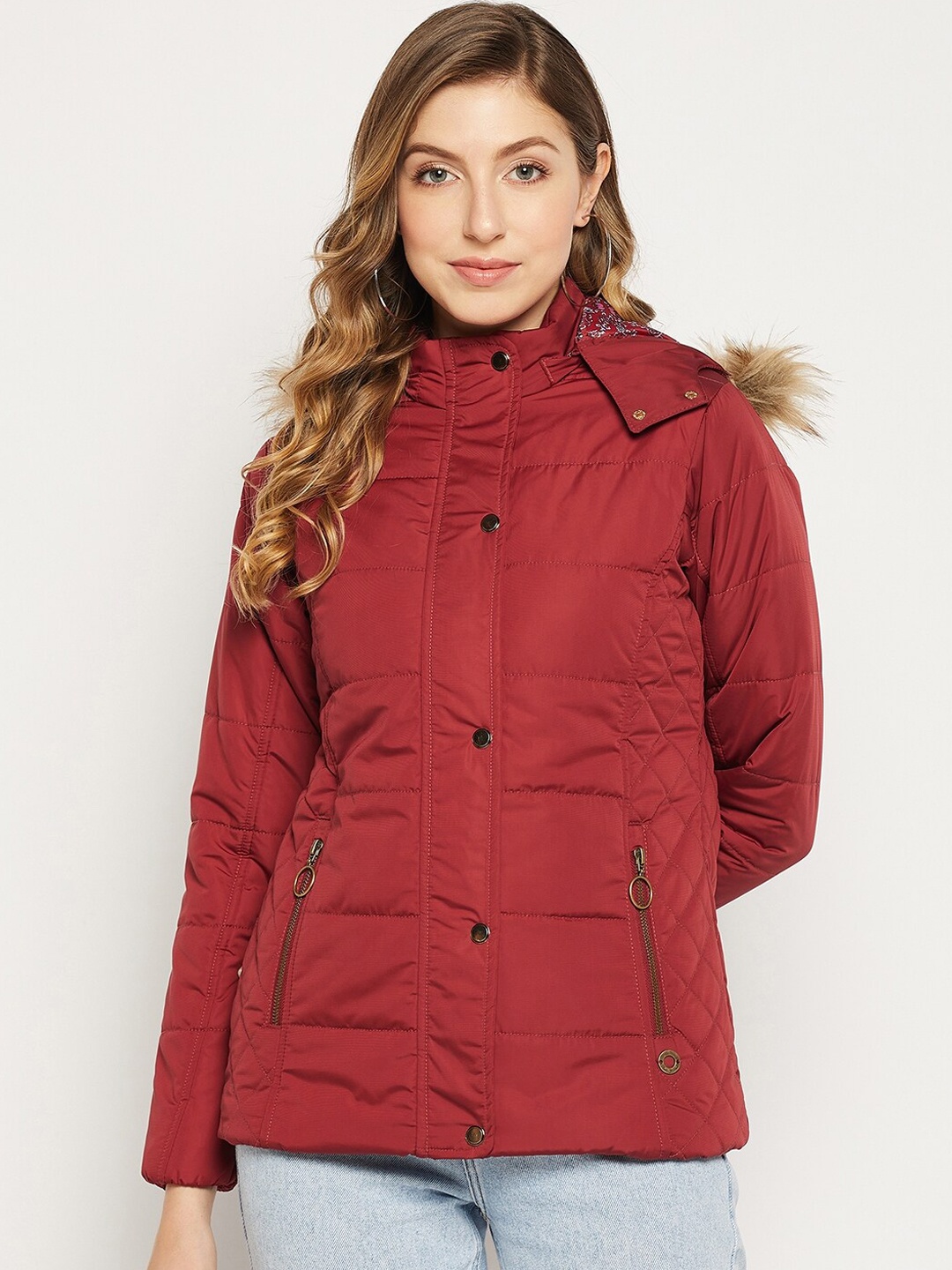 

Duke Women Hooded Puffer Jacket With Faux Fur Trim, Red