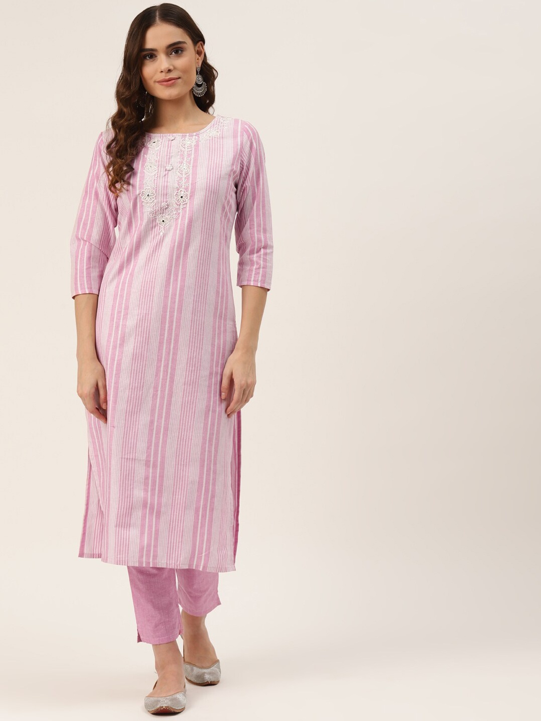 

INDYES Women Embroidered Thread Work Pure Cotton Kurta with Trousers, Pink