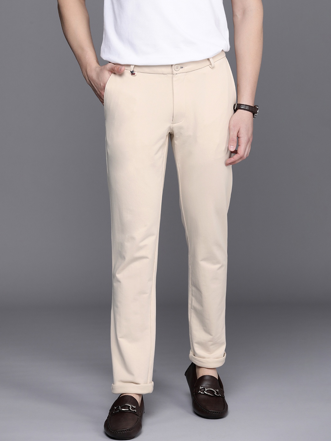 Louis Philippe Sport Men Slim Fit Low-Rise Trousers, Beige