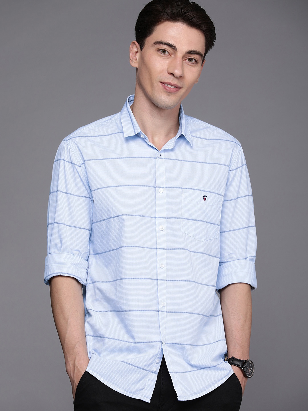 

Louis Philippe Sport Men Slim Fit Striped Pure Cotton Casual Shirt, Blue