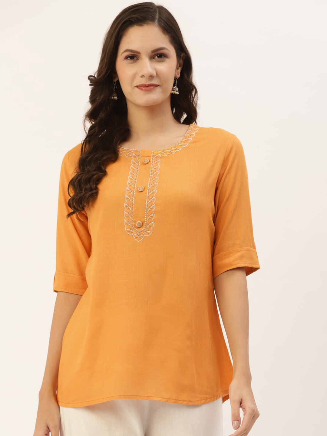

INDYES Mustard Embroidered Thread Work Kurti