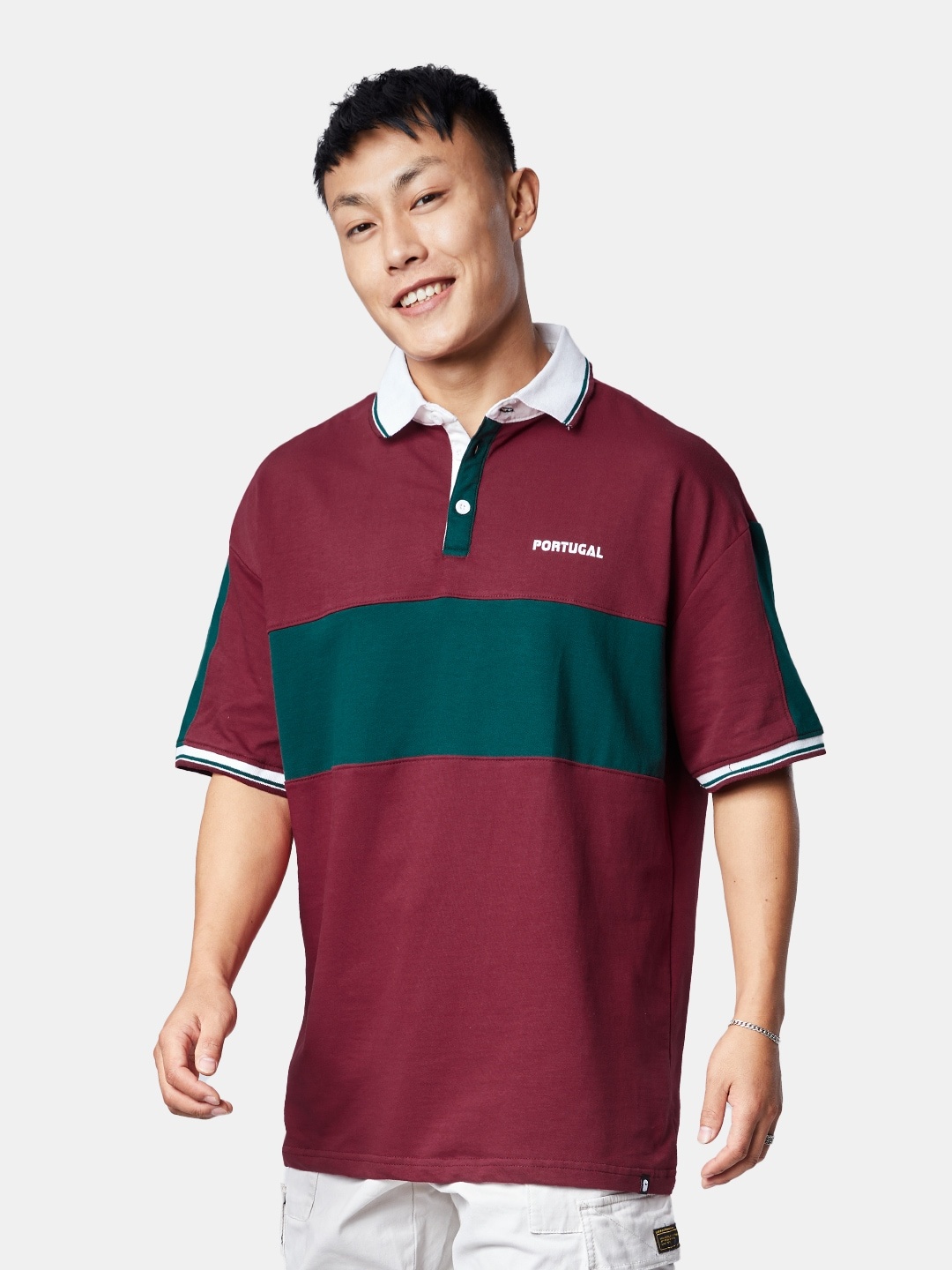 

The Souled Store Men Polo Collar Drop-Shoulder Sleeves Pure Cotton Oversized T-Shirt, Maroon