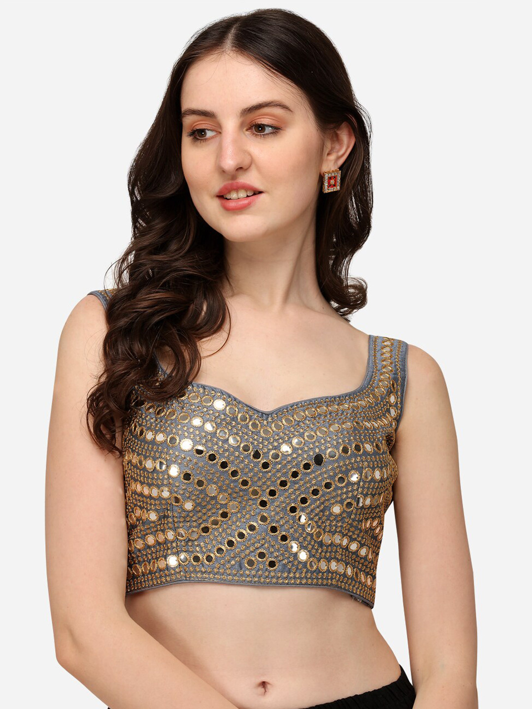 

Fab Dadu Women Embroidered Mirror Work Silk Saree Blouse, Grey