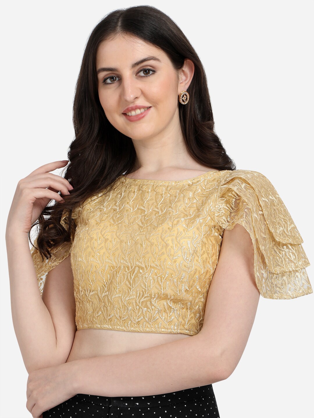 

Fab Dadu Printed Embroidered Saree Blouse, Beige