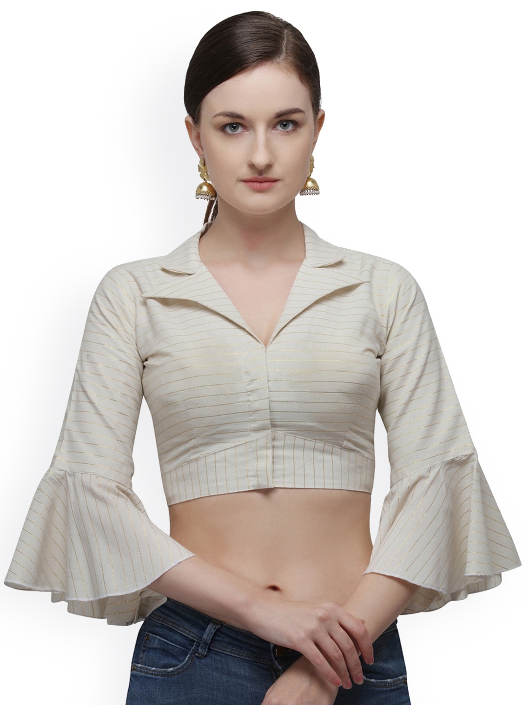 

Fab Dadu Printed Striped Silk Saree Blouse, Off white