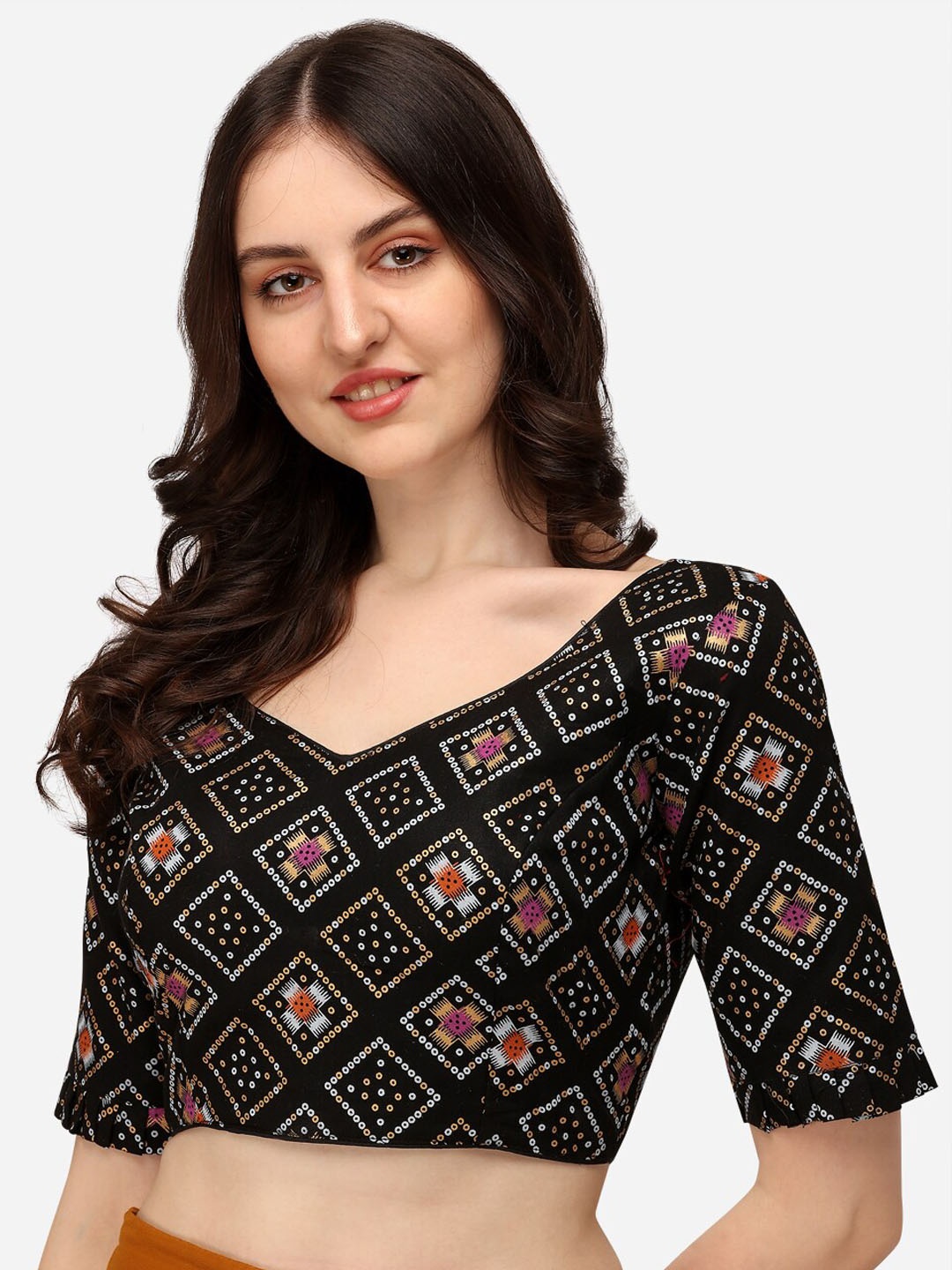 

Fab Dadu Printed Jacquard Readymade Saree Blouse, Black