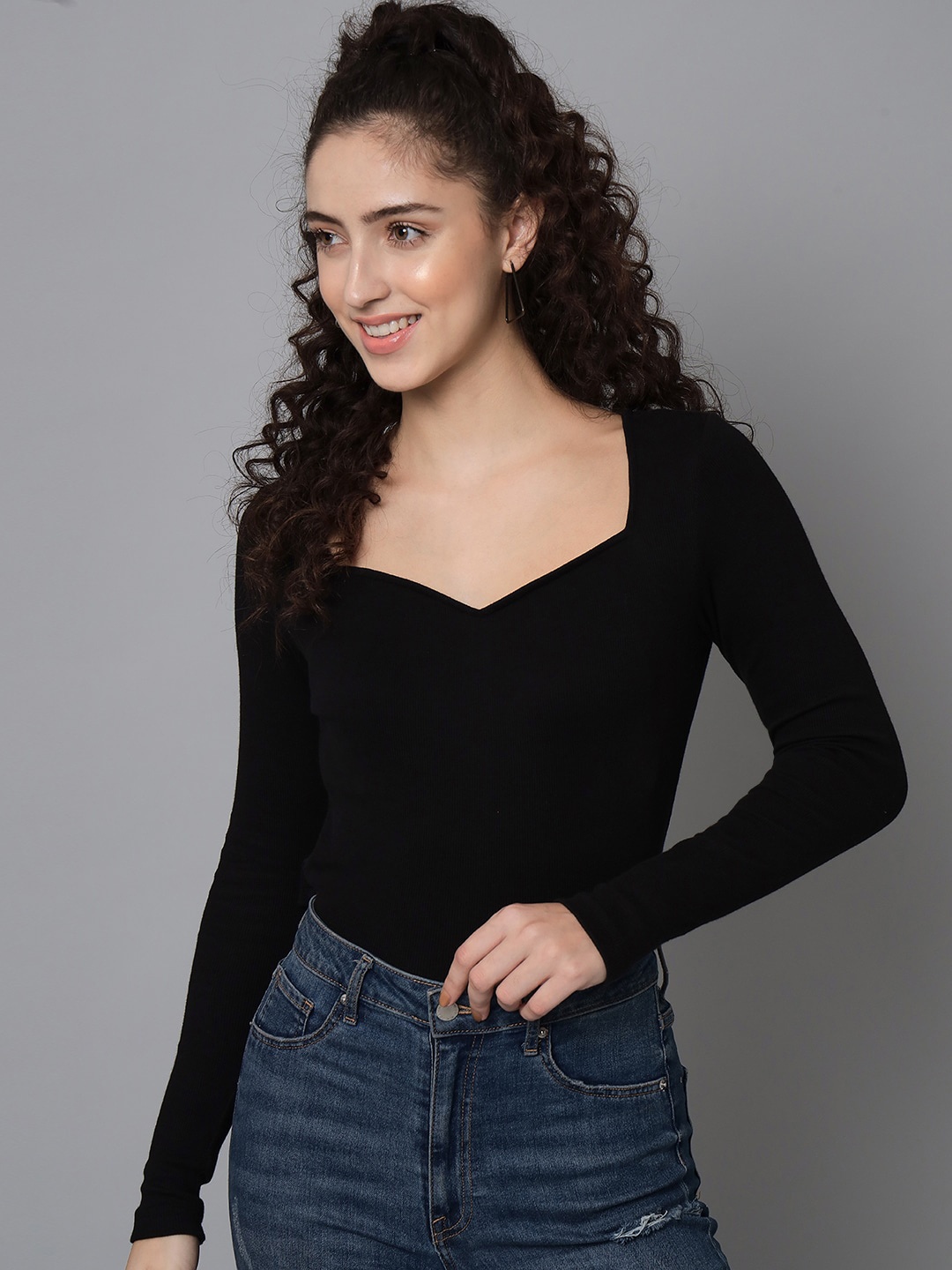 

THREAD MUSTER Sweetheart Neck Cotton Top, Black