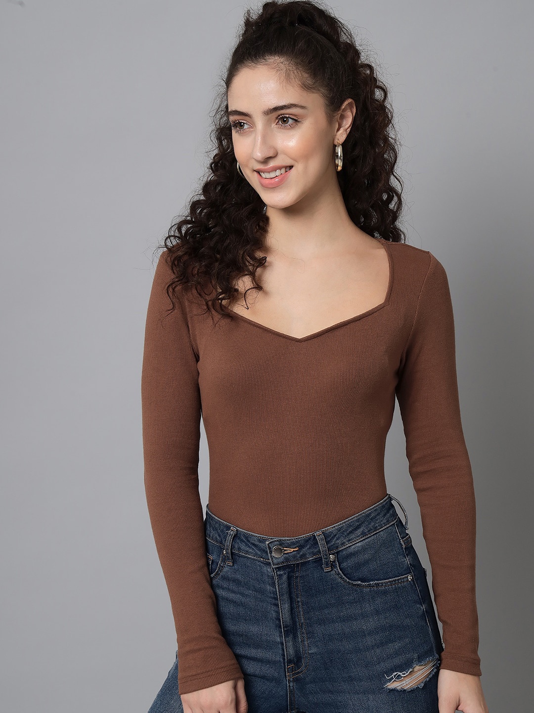 

THREAD MUSTER Sweetheart Neck Cotton Top, Brown