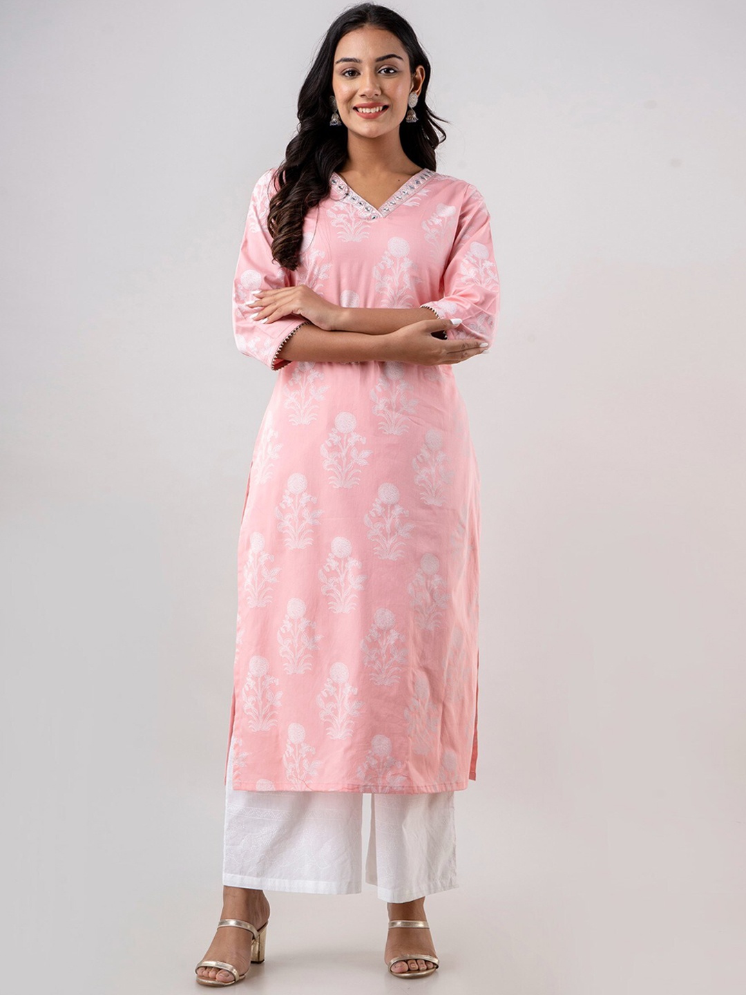 

HERE&NOW Women Ethnic Motifs Printed Pure Cotton Kurta with Trousers, Pink