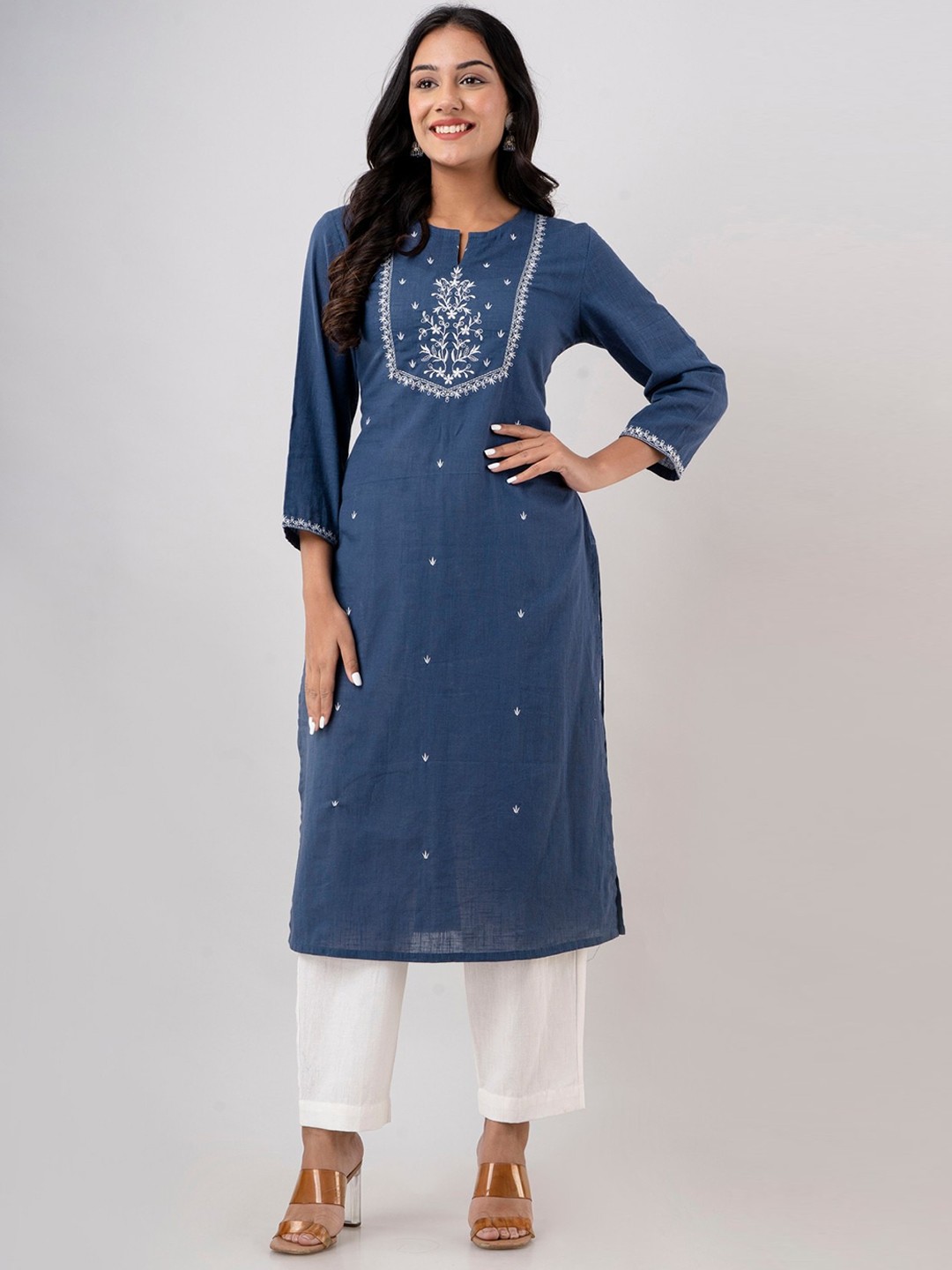 

HERE&NOW Women Ethnic Motifs Embroidered Pure Cotton Kurta with Trousers, Blue