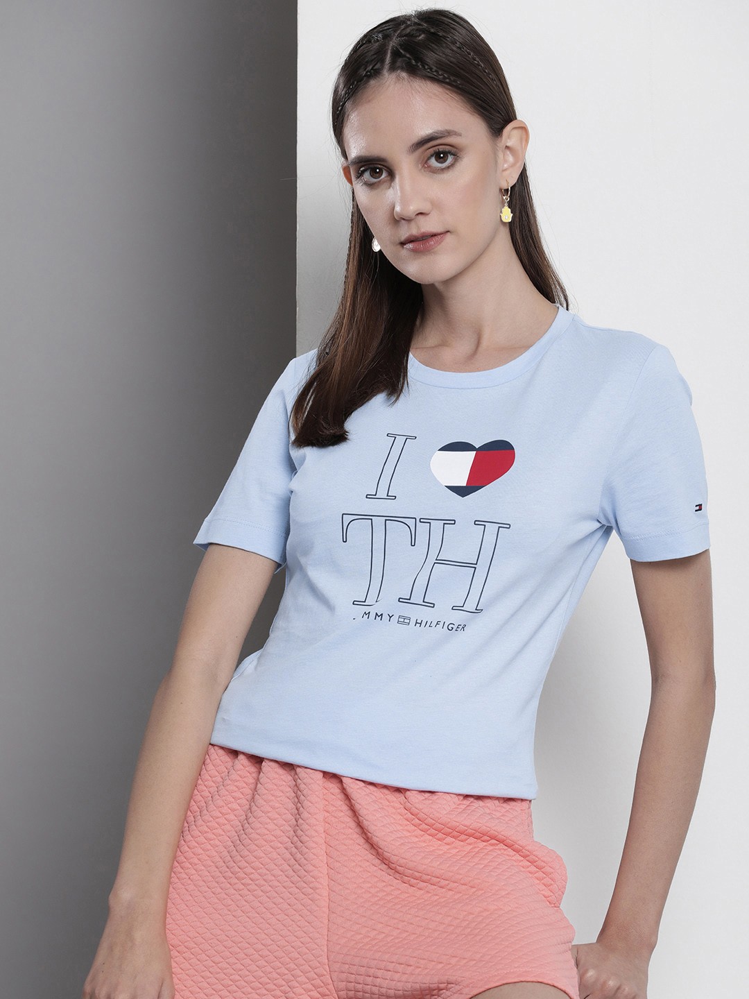 

Tommy Hilfiger Women Pure Cotton Brand Logo Printed T-shirt, Blue