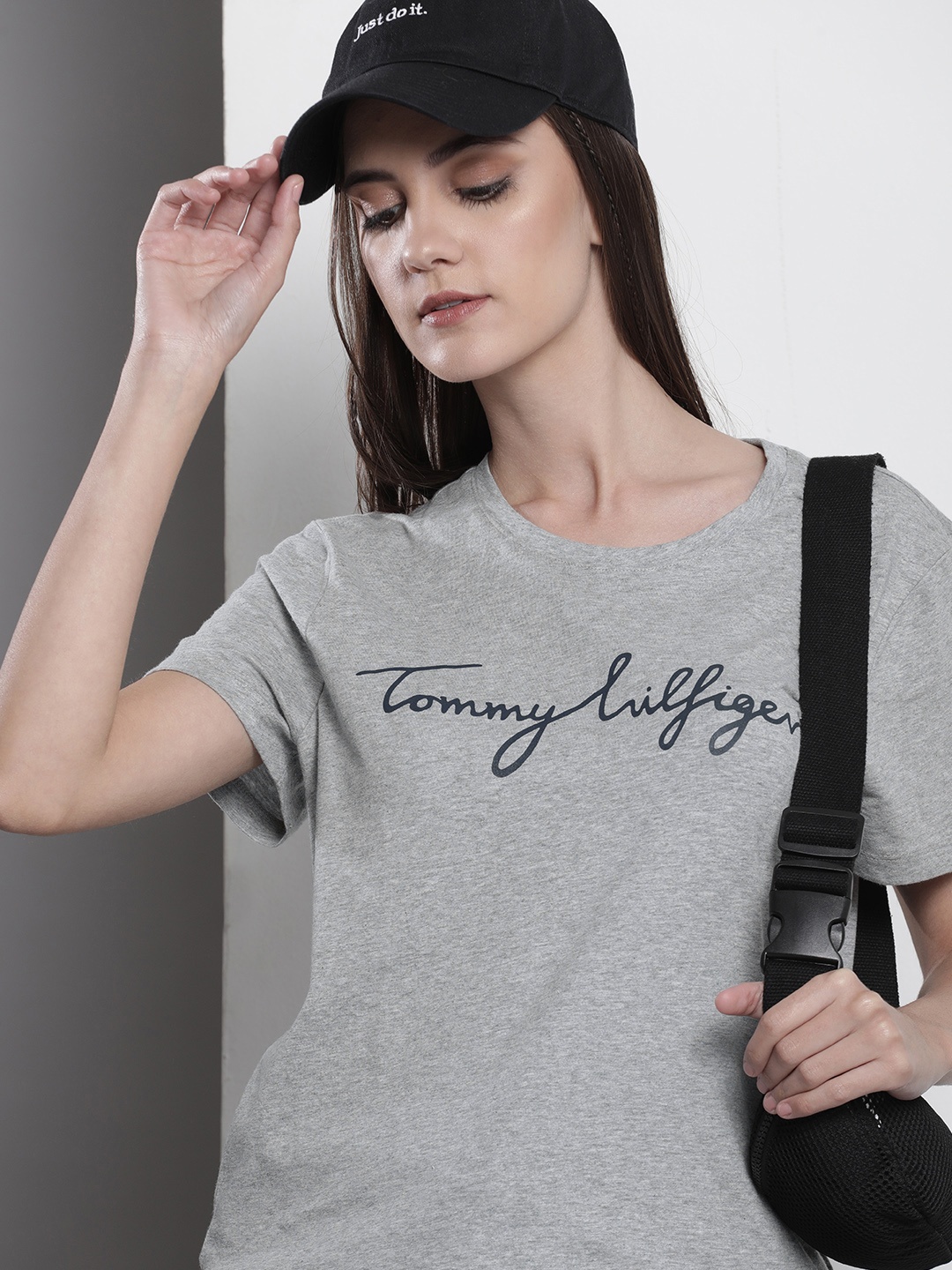 

Tommy Hilfiger Women Brand Logo Printed Pure Cotton T-shirt, Grey
