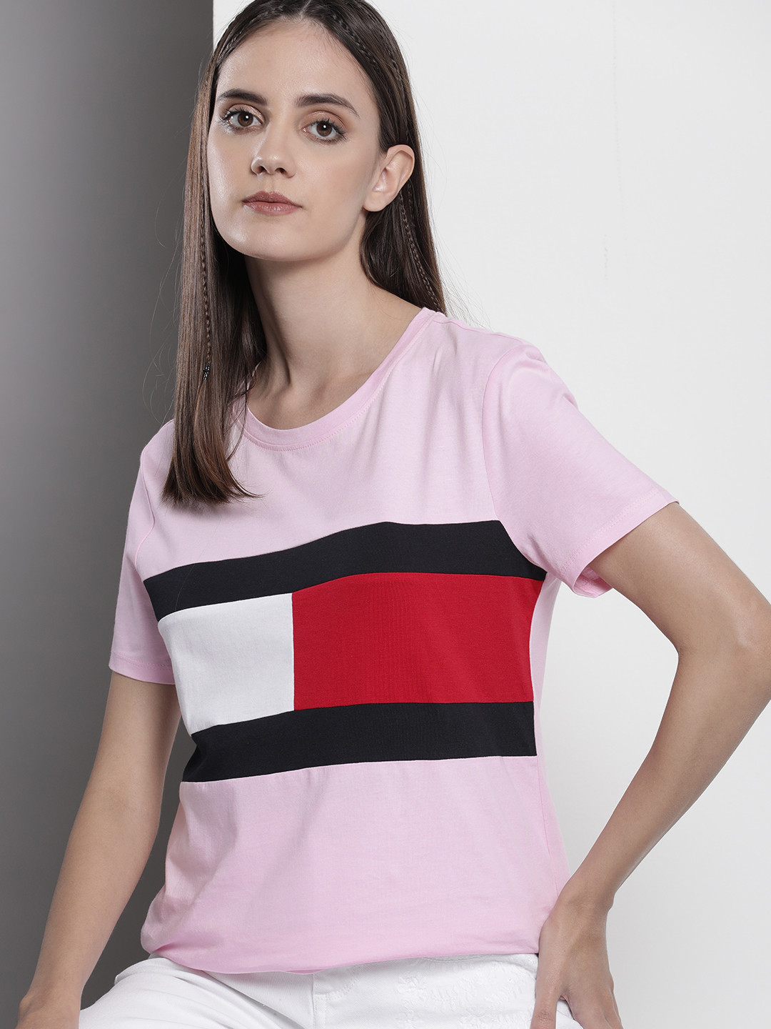

Tommy Hilfiger Women Pure Cotton Colourblocked Round Neck T-shirt, Pink