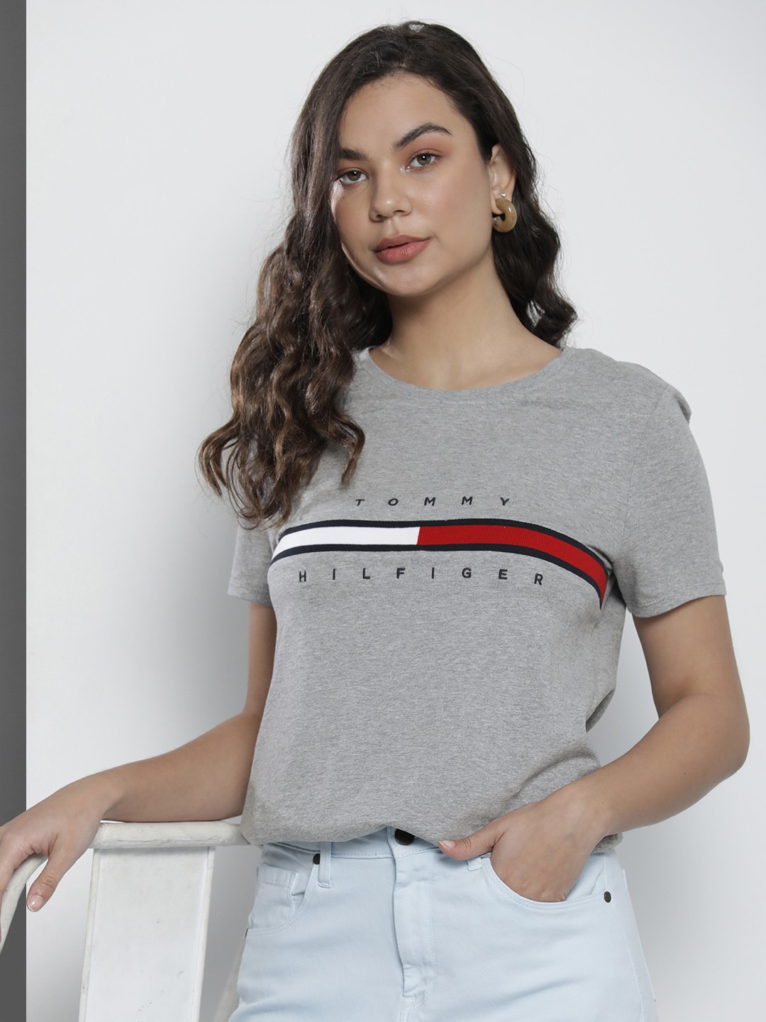 

Tommy Hilfiger Women Pure Cotton Striped T-shirt, Grey
