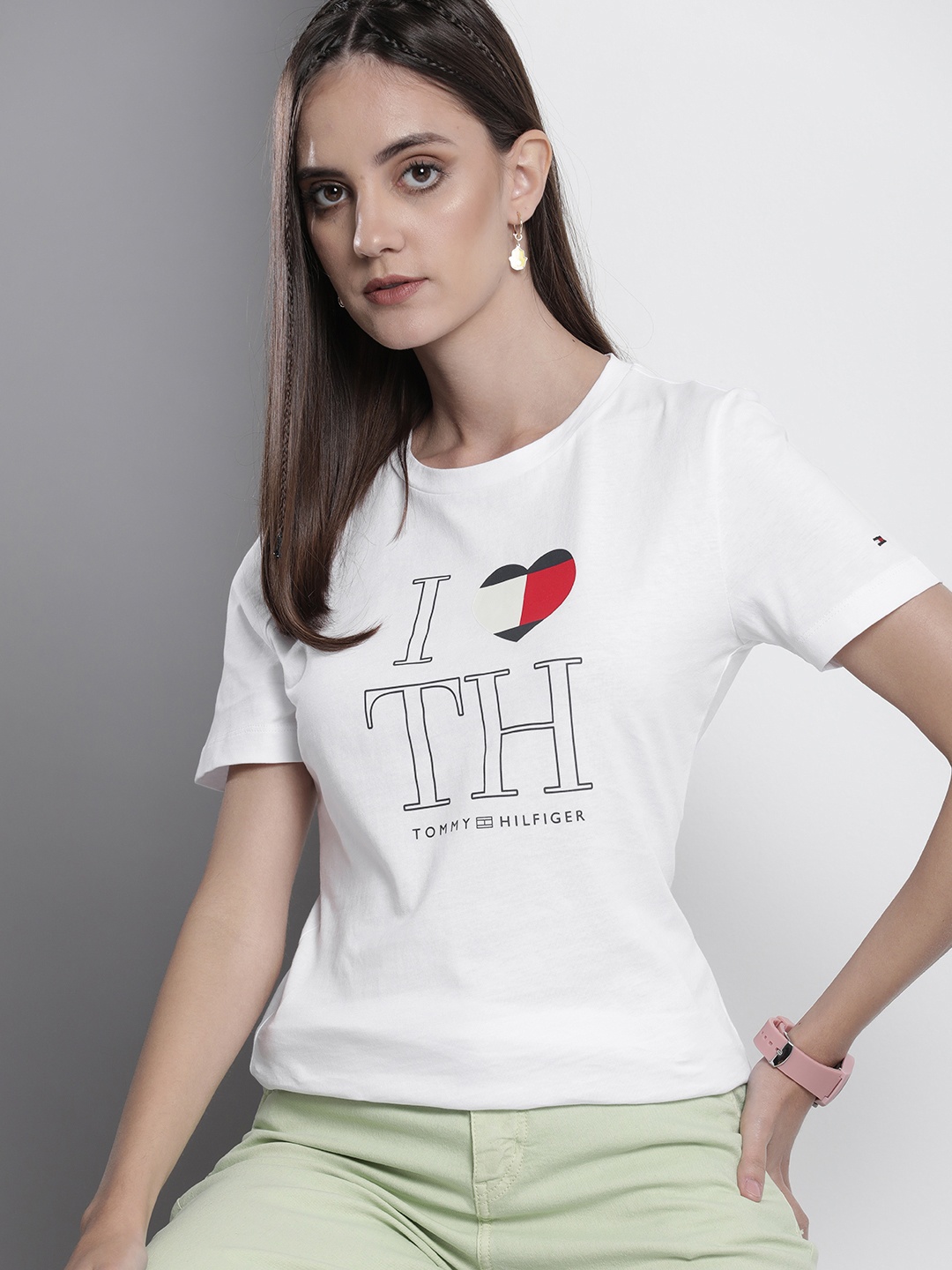 

Tommy Hilfiger Women Brand Logo Printed Pure Cotton Slim Fit T-shirt, White