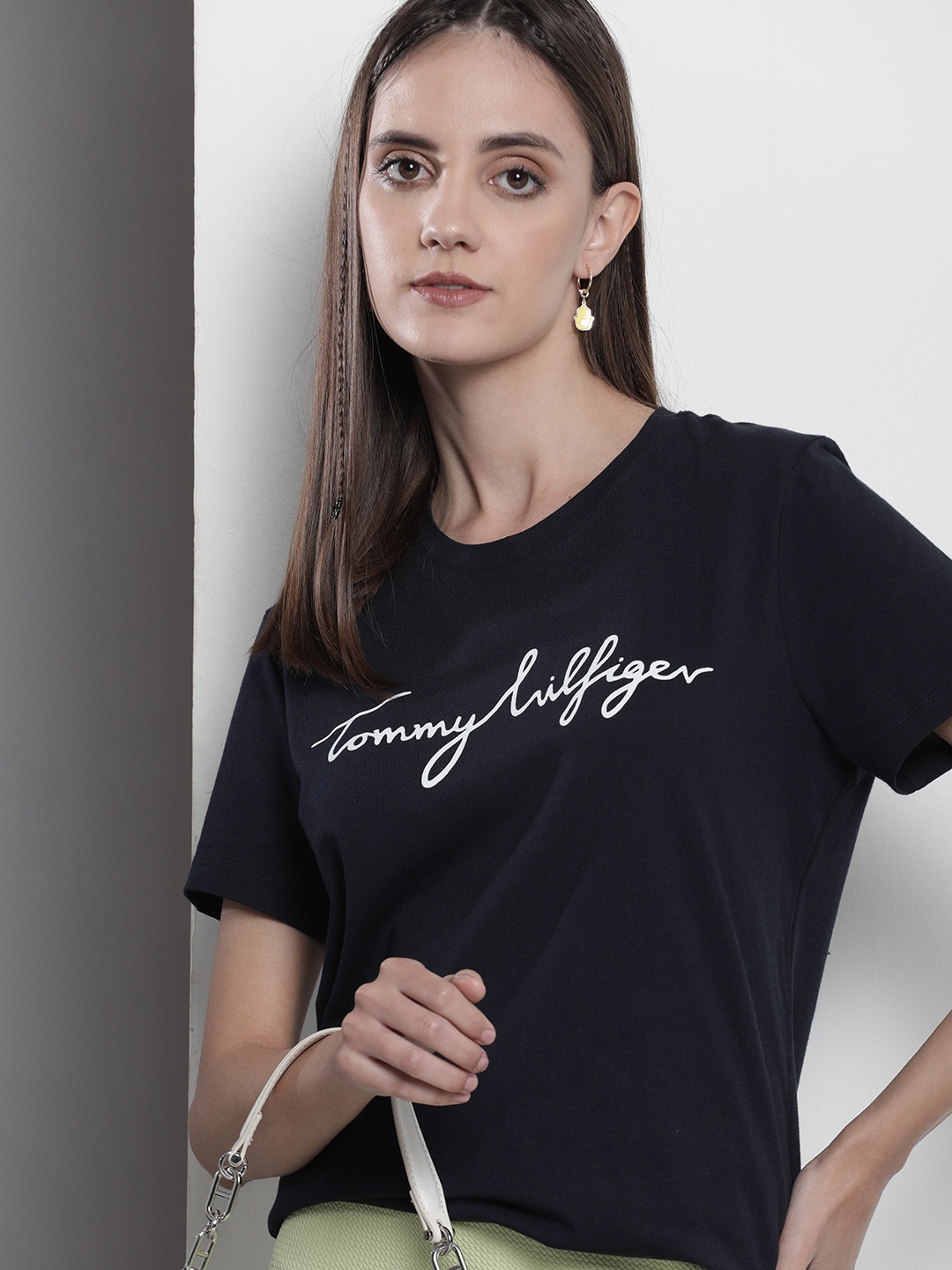 

Tommy Hilfiger Women Pure Cotton Brand Logo Printed T-shirt, Navy blue