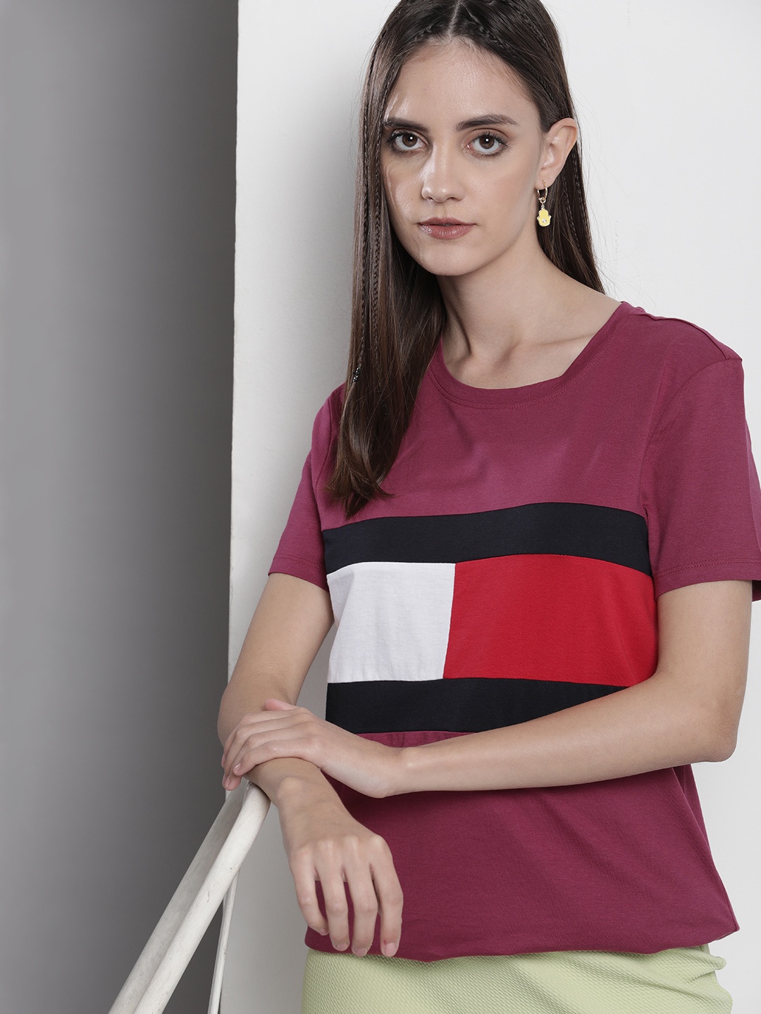 

Tommy Hilfiger Women Pure Cotton Colourblocked Round Neck T-shirt, Magenta