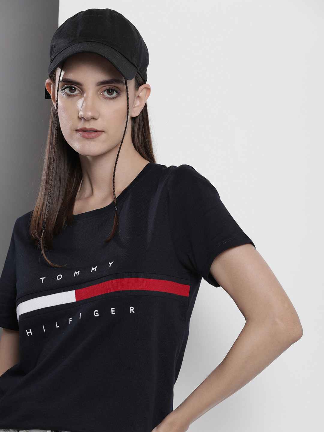 

Tommy Hilfiger Women Brand Logo Embroidered Pure Cotton T-shirt, Navy blue