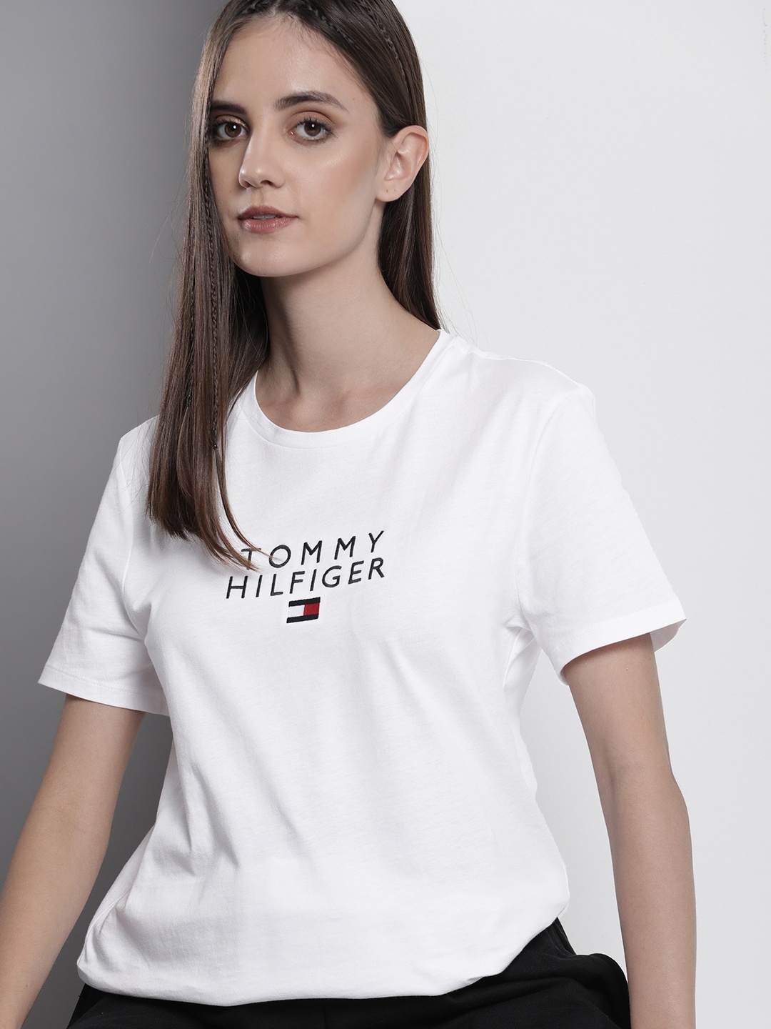 

Tommy Hilfiger Women Brand Logo Embroidered Pure Cotton T-shirt, White