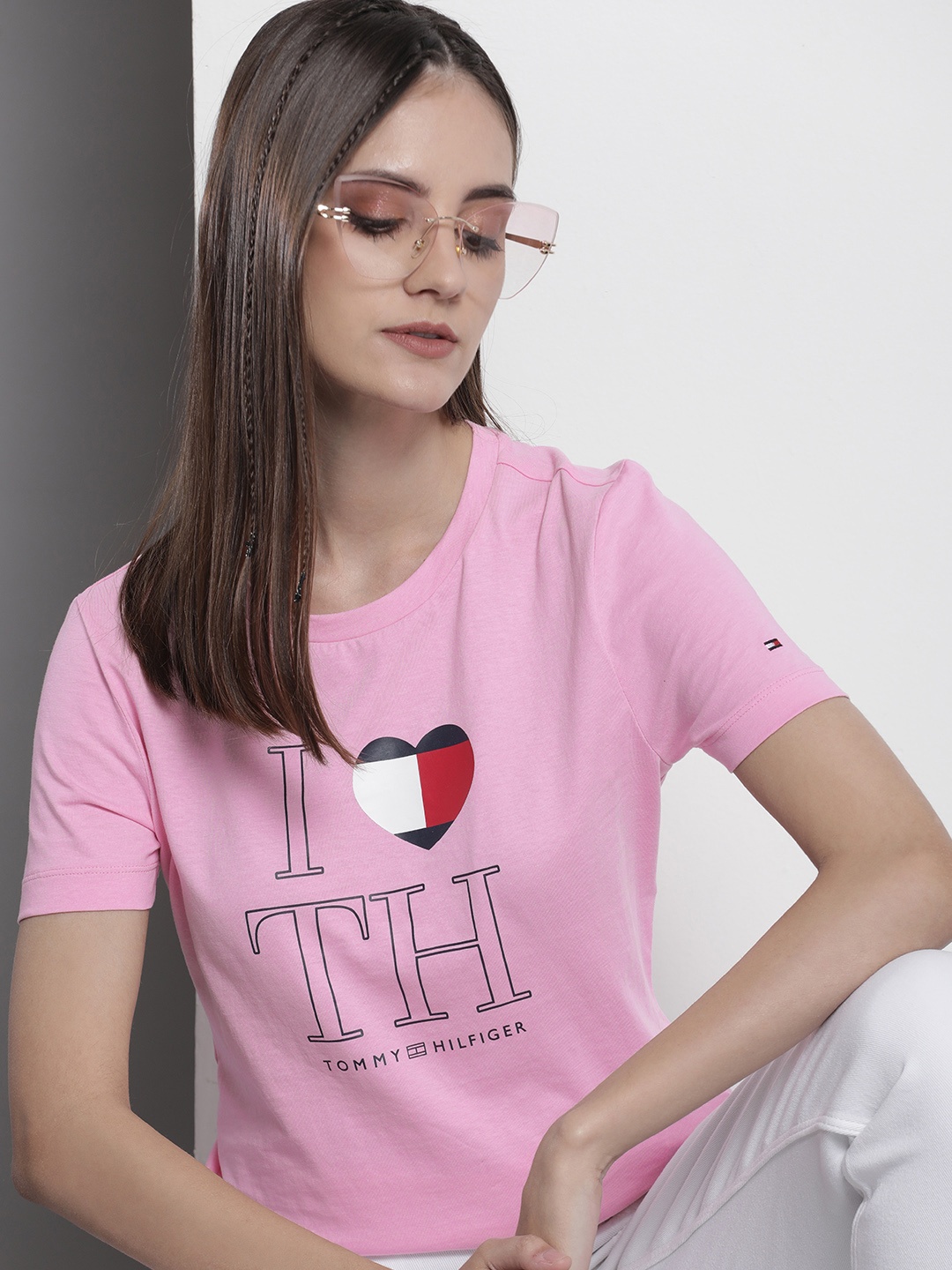 

Tommy Hilfiger Women Brand Logo Printed Pure Cotton Slim Fit T-shirt, Pink