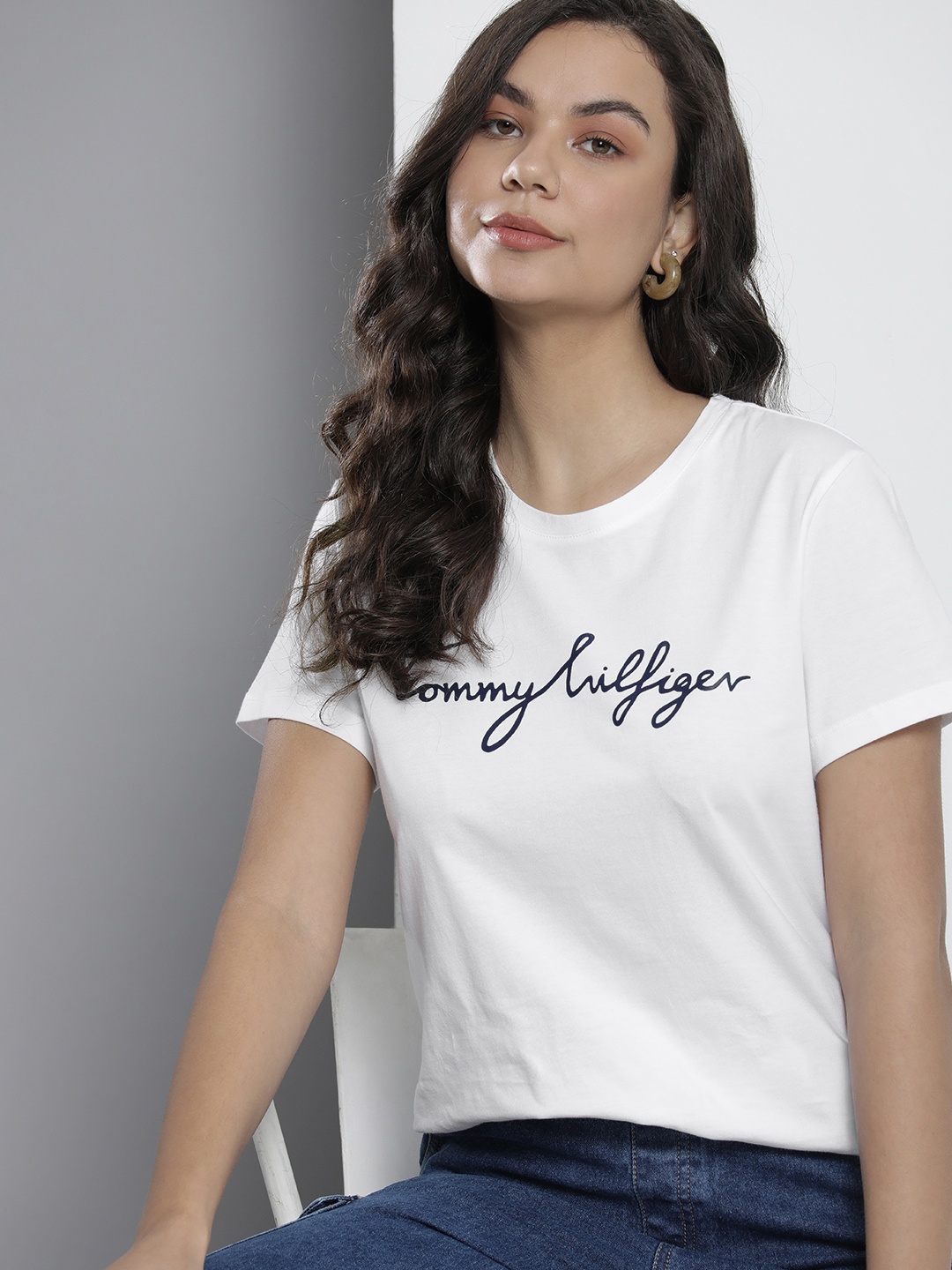 

Tommy Hilfiger Women Pure Cotton Brand Logo Printed T-shirt, White