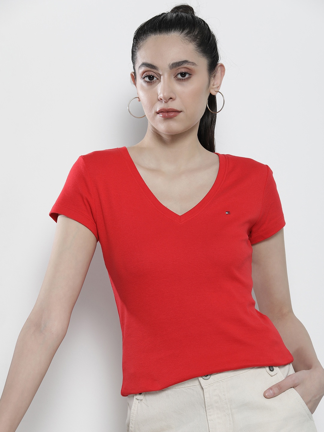 

Tommy Hilfiger Women Pure Cotton V-Neck T-shirt, Red
