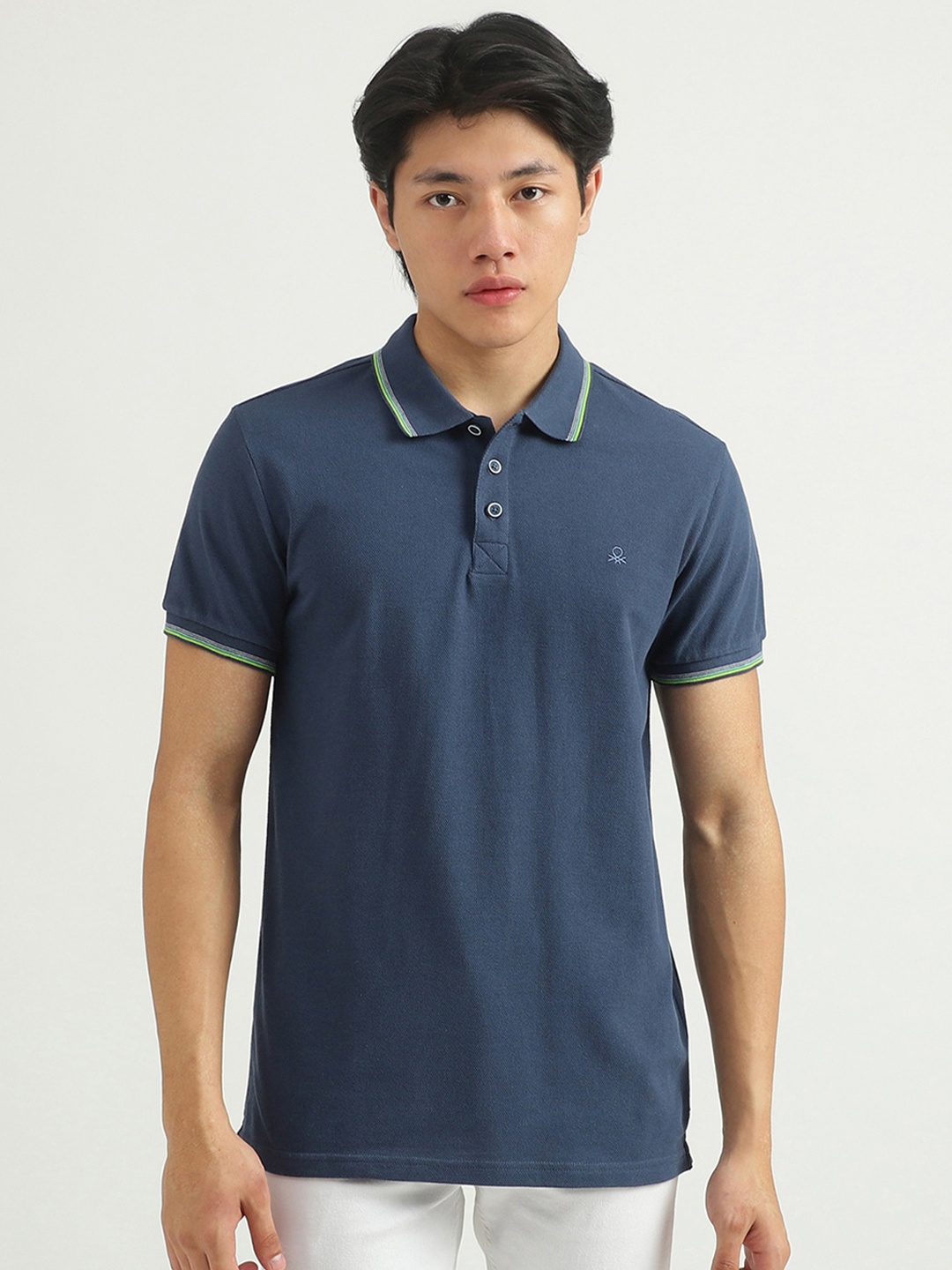 

United Colors of Benetton Men Cotton Regular Fit Polo Collar T-shirt, Navy blue