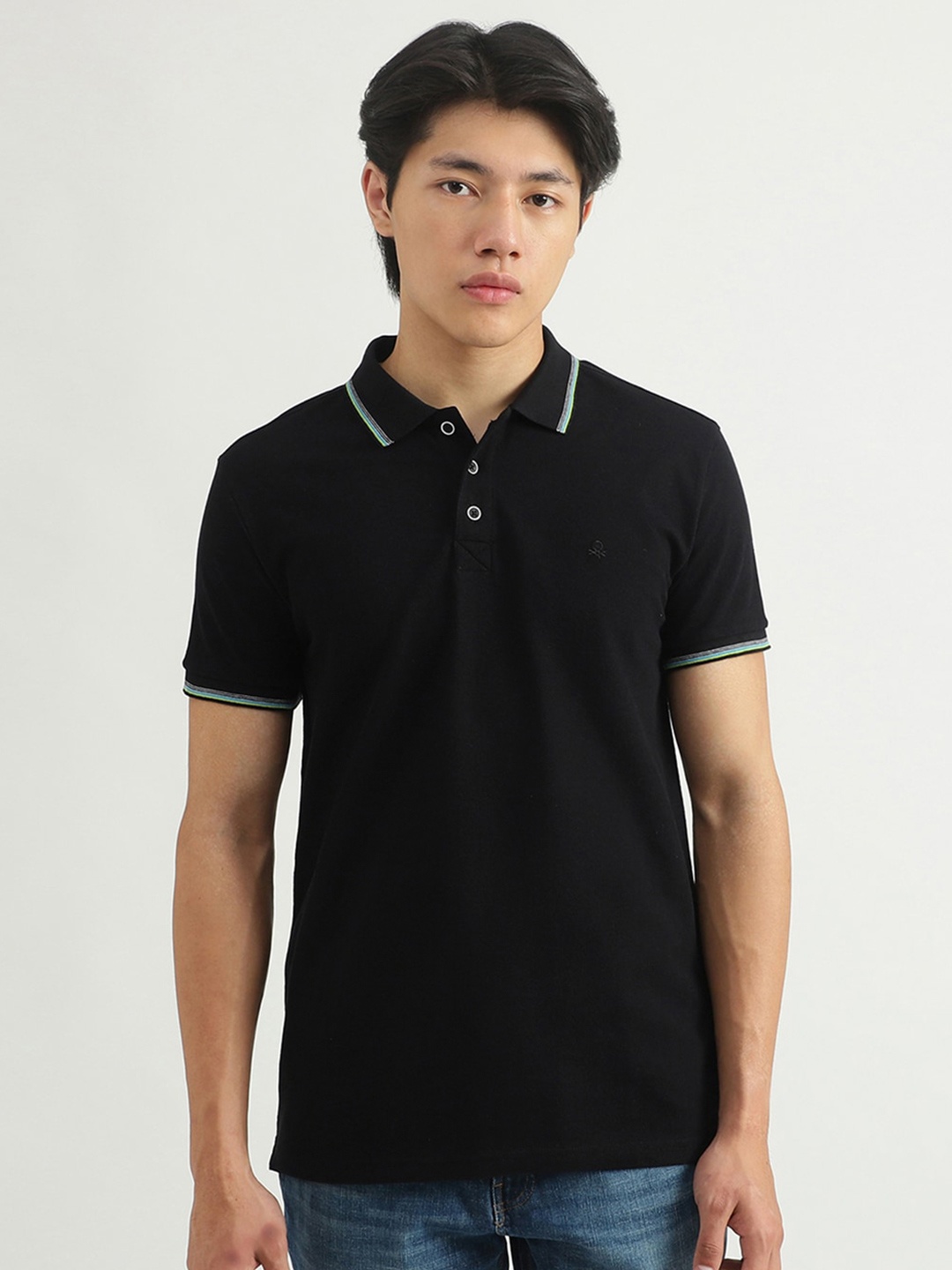 

United Colors of Benetton Men Cotton Regular Fit Polo Collar T-shirt, Black