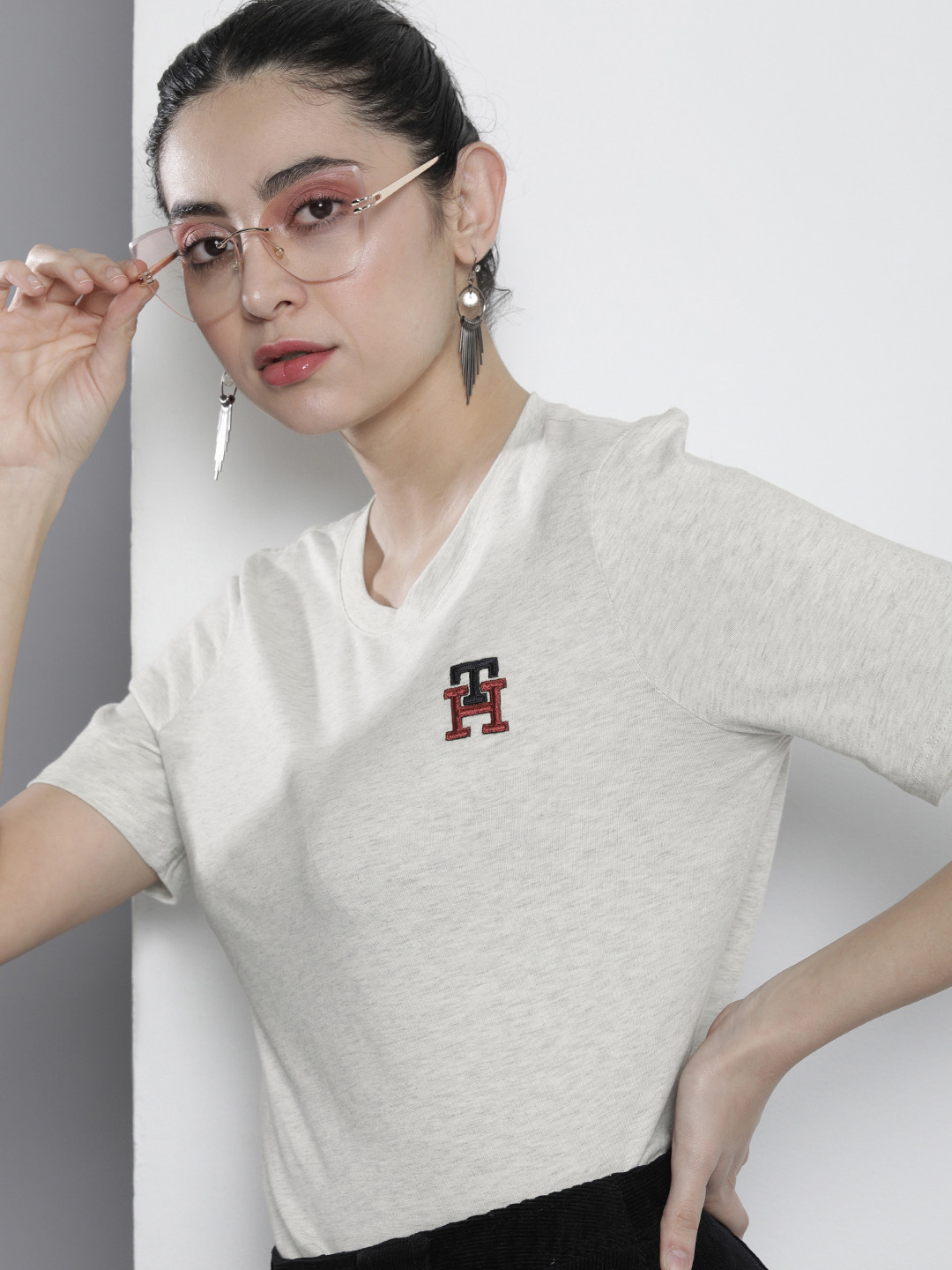 

Tommy Hilfiger Women Brand Logo Embroidered Pure Cotton T-shirt, Grey melange