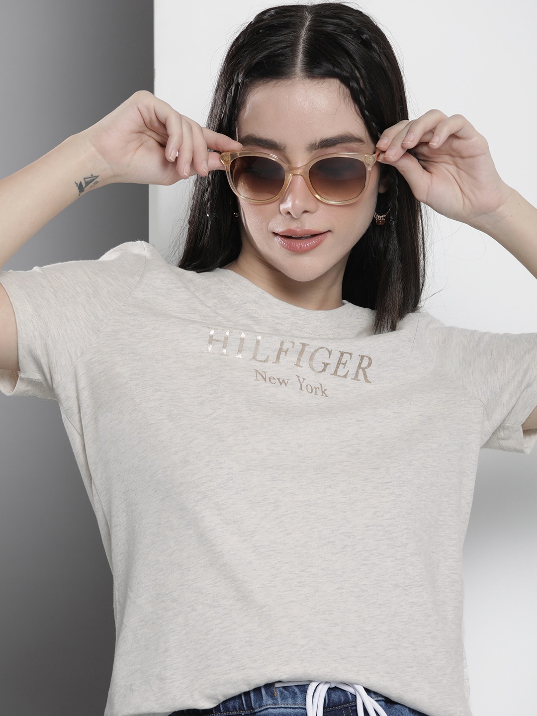 

Tommy Hilfiger Women Brand Logo Printed Pure Cotton T-shirt, Grey melange