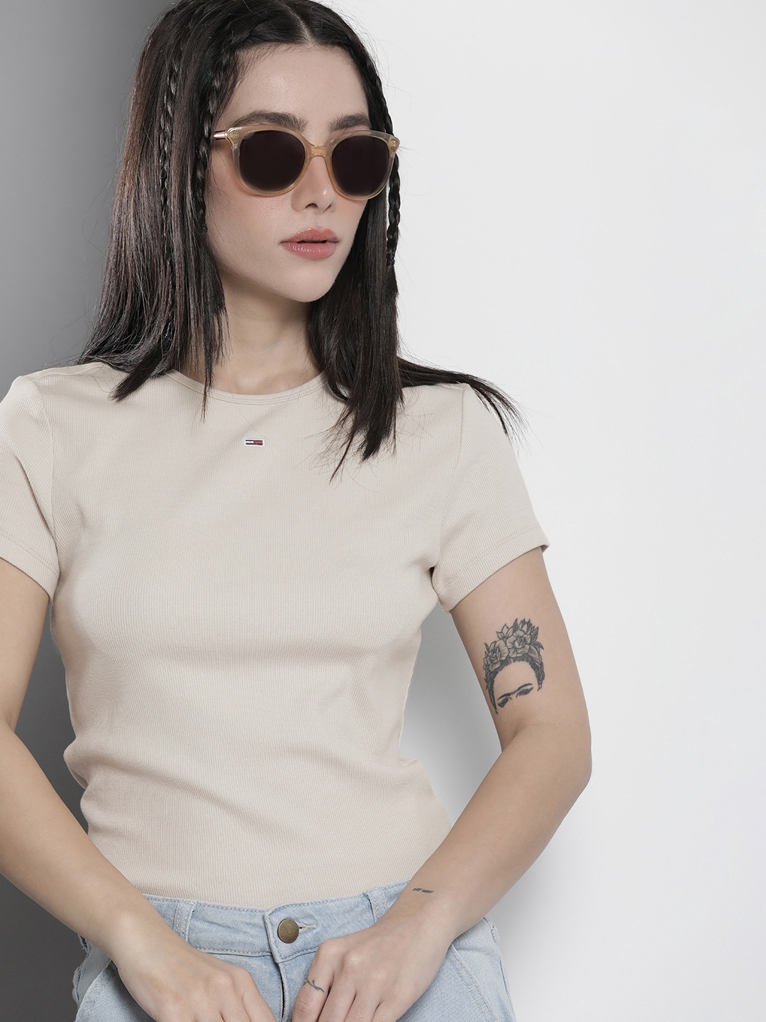 

Tommy Hilfiger Women Round Neck Slim Fit T-shirt, Beige