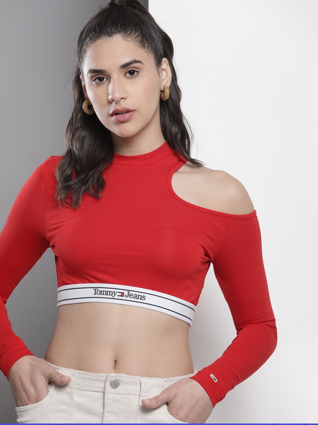 

Tommy Hilfiger Women Solid Cut Outs T-shirt With Outer Elastic Hem Detail, Red