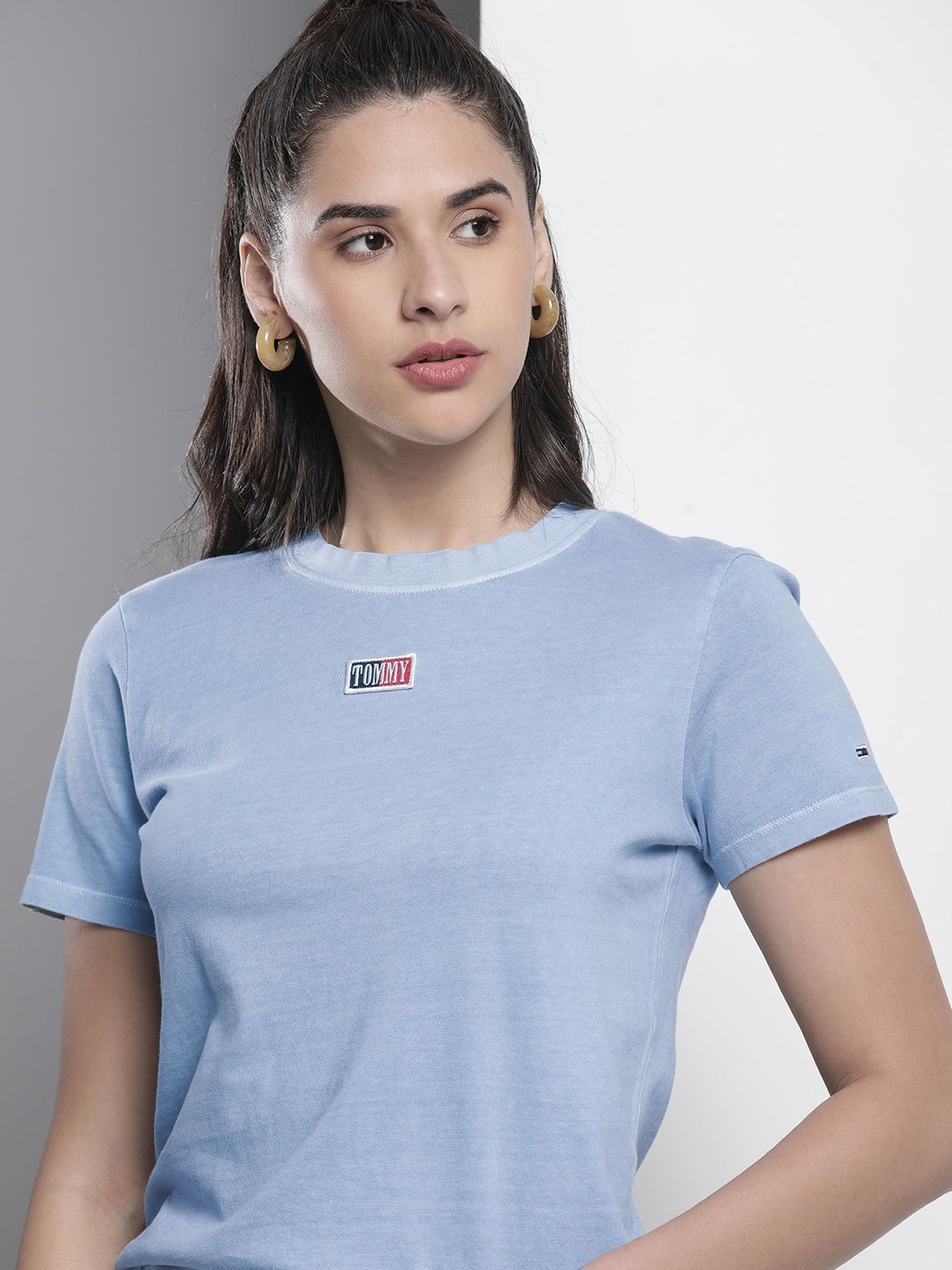 

Tommy Hilfiger Women Sustainable Pure Cotton Solid Round Neck T-shirt, Blue