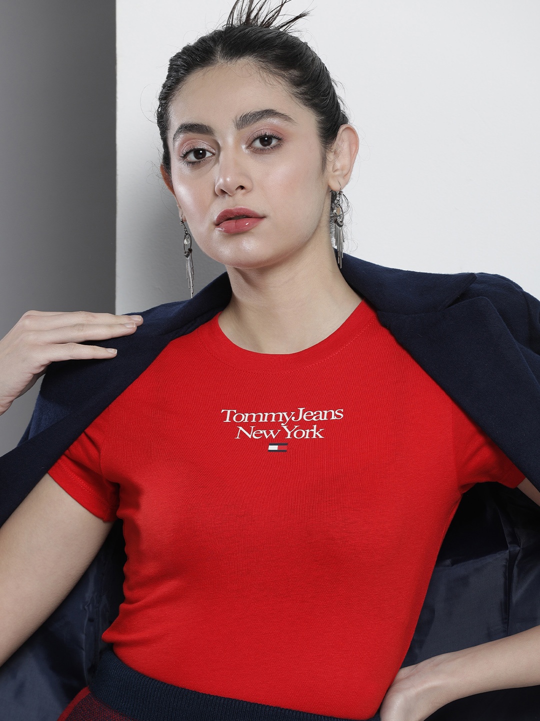 

Tommy Hilfiger Women Brand Logo Printed Slim Fit T-shirt, Red