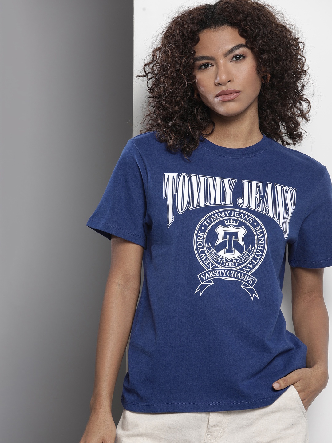 

Tommy Hilfiger Women Brand Logo Printed Pure Cotton T-shirt, Blue